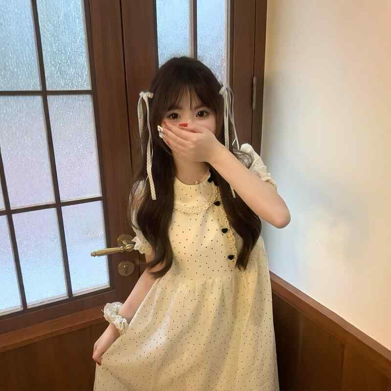 レディース ワンピース フレンチ レトロ ポルカドット ドールカラー 短袖 春夏 かわいい ゆったり フリル パフスリーブ ロングスカート 普段使い 軽量 綿素材