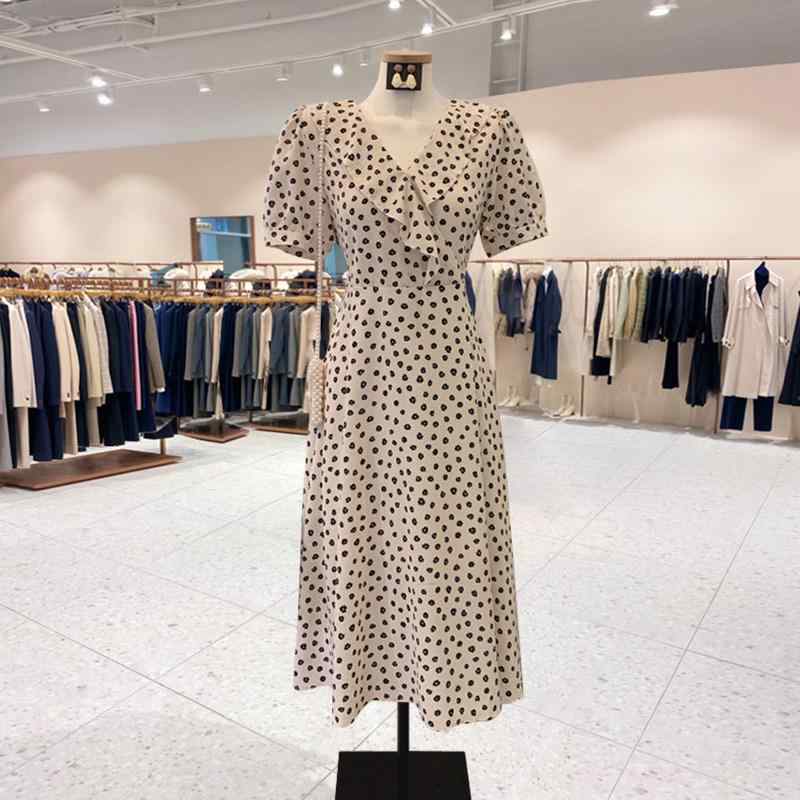 レディース 夏 ワンピース フレンチスタイル ウエストシェイプ スリム ポルカドット Vネック フリル ミドル丈 性 上品 カジュアル 普段使い 軽やか 膝丈