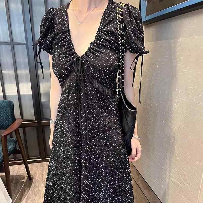 ワンピース レディース 夏 セクシー 甘辛ミックス 背中開き Vネック ドット柄 シフォン ロング丈 黒 通勤 普段使い 軽量 伸縮性 吸湿速乾