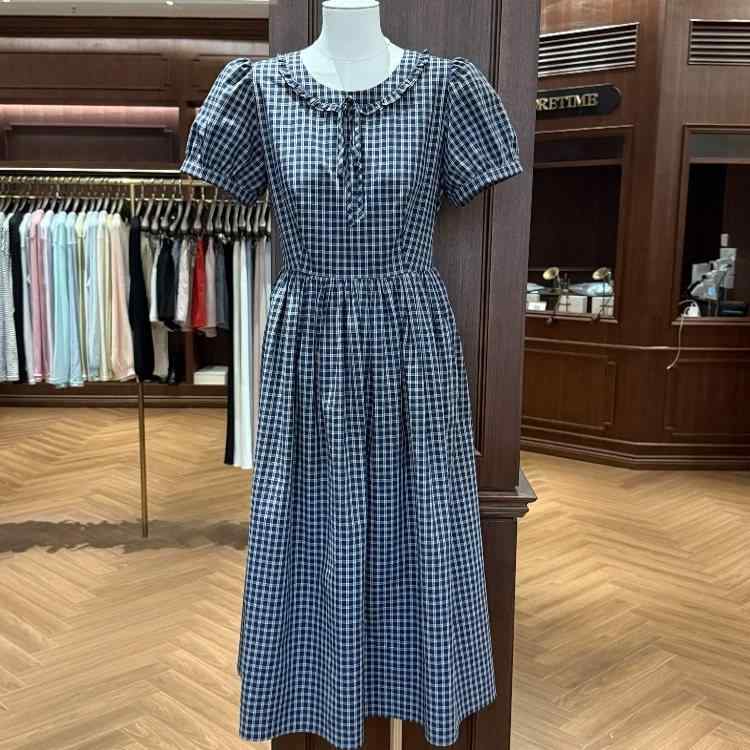 ワンピース レディース チェック柄 ドールカラー パフスリーブ ロング 夏 フレンチスタイル レトロ カジュアル 普段使い 軽やか シルエット