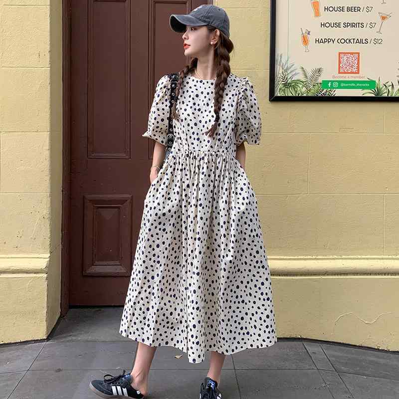 ワンピース 女性用 夏 ポルカドット柄 パフスリーブ ロング丈 フレンチスタイル ボヘミアン風 かわいい 独特 リラックスフィット 軽やか 吸湿速乾 伸縮性 通勤 普段使い