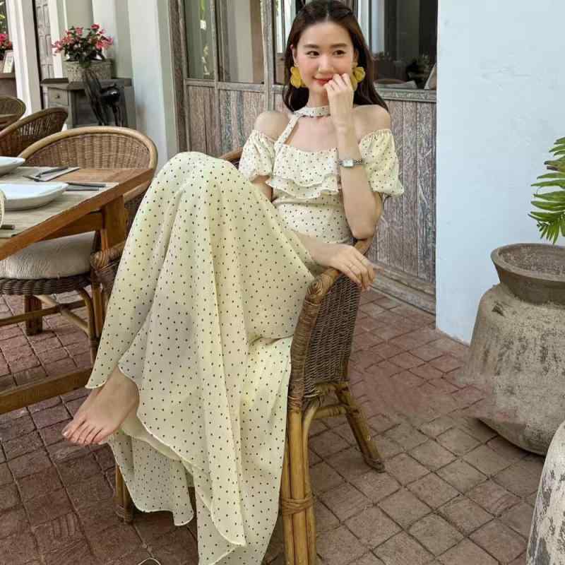 レディース 夏用 衣装 オフショルダー ポルカ点点柄 シフォン フレンチ表現スタイル パフ捩り シュロの葉 ロング御召しもの 軽さ 女子らしい 成人女性らしい