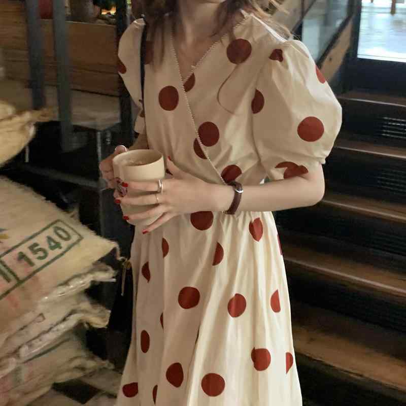 ワンピース シフォン素材 ロングドレス フレンチレトロ ポルカドット柄 Vネック ウエストマーク 大人かわいい 夏用 軽やか 通勤 普段使い ブラック ピンク系 アイボリー