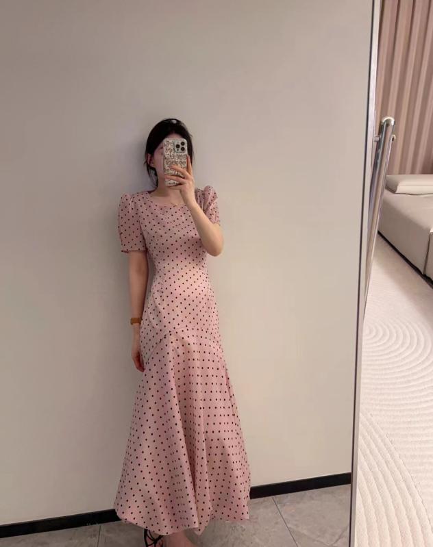 レディース 衣裳 夏 ポルカ一点柄 短袖 パフ衣袂 酉の方角シェイプ 雅びやか フィッシュテール 中長丈 軽さ 伸縮性 通い用 デートコーデ