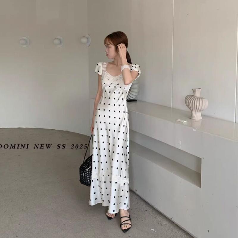 ワンピース レディース レース 切り替え 背中開き ポルカドット 夏 パフスリーブ ロング フレンチ ソフト スリムフィット 軽やか 女性用 ドレス