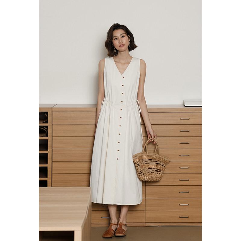 レディース 衣装 綿原料品 夏用 Vのど首 ノースリーブ ロング丈 か細い影ぼうし フレンチ たまり場 砂浜 御休み パステル色の手当たり 軽さ 通い 普段使い