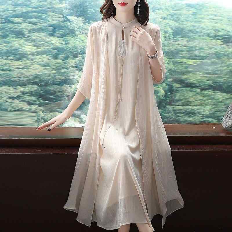 レディース チャイナドレス リラックス エスニック 春夏 禅風 ロング丈 ワンピース 漢服風 茶道着 2点セット エレガント 伝統
