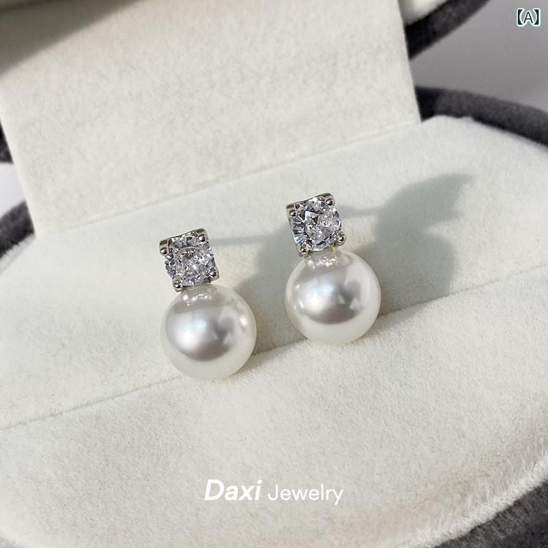 パール イヤリング 女性用 ミルクホワイト アワビ貝 銀 高級感 スタッドピアス クリップオン シンプル アクセサリー 軽量 ジュエリー