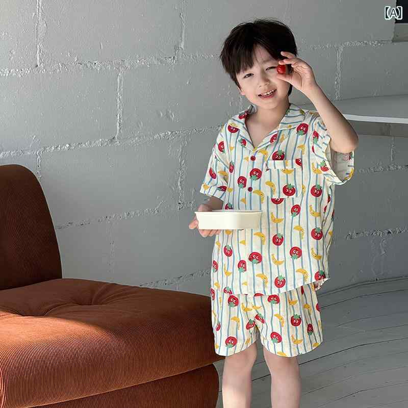 子供服 男の子 夏 短袖 カーディガン ショートパンツ セット 果物 動物 プリント 柄 薄手 部屋着 パジャマ 接触冷感 ルームウェア 吸湿速乾 軽量 カジュアル