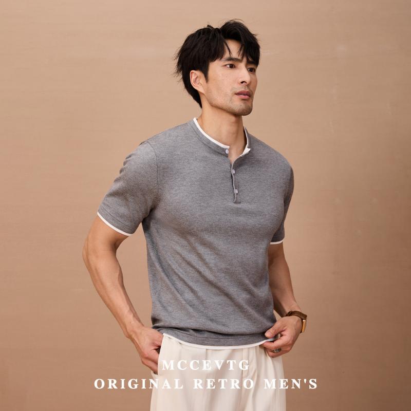 ニットTシャツ ヘンリーネック 短袖 メンズ ビンテージ フェイクレイヤード 単色 カジュアル 春夏 トップス 普段使い 伸縮性 吸湿速乾 軽量 コットン混