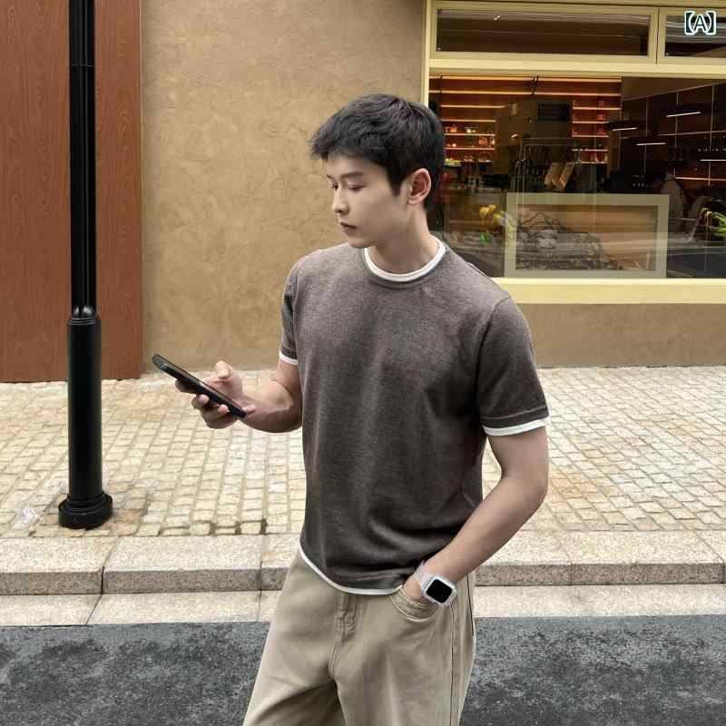 Tシャツ メンズ 夏用 ゆったり カジュアル ニット 接触冷感 短袖 白縁 フェイクライヤード 高級感 ストレートショルダー トップス 普段使い 軽量 吸湿速乾