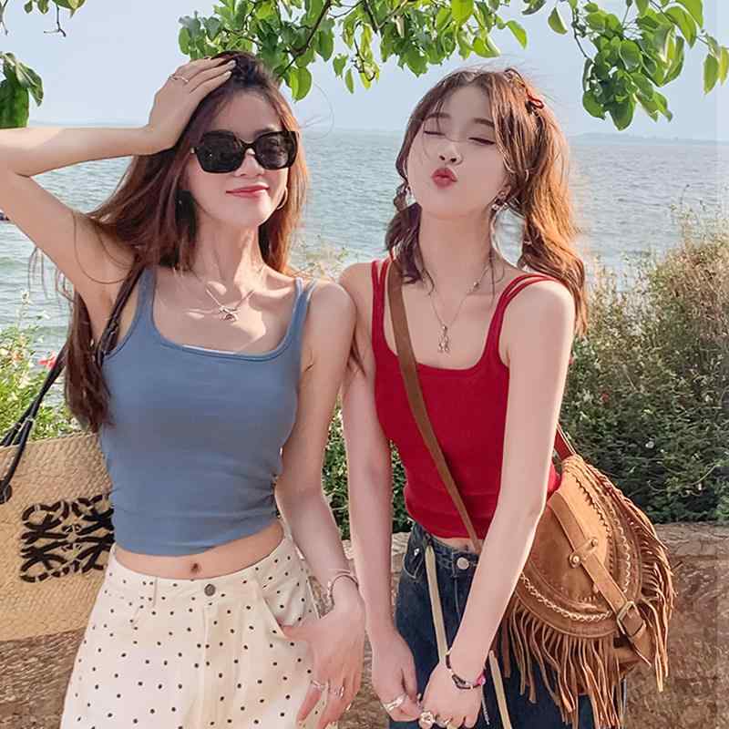 レディース キャミソール タンクトップ インナー トップス 胸パッド付き 美背 ブラ 一体型 赤 夏 ビーチ ウェア アメリカン スタイル 軽量 伸縮性 吸湿速乾