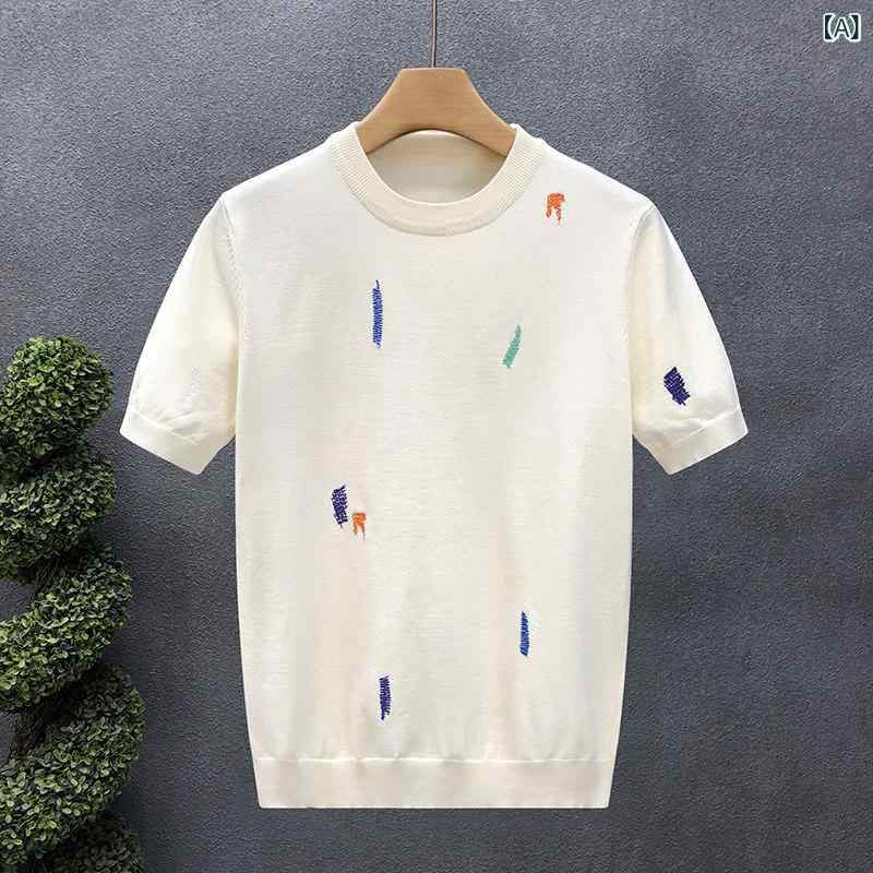 メンズ 半袖 ニットセーター 刺繍柄 薄手 接触冷感 カジュアル トップス カラフル 夏用 吸湿速乾 軽量 綿混 ビッグシルエット