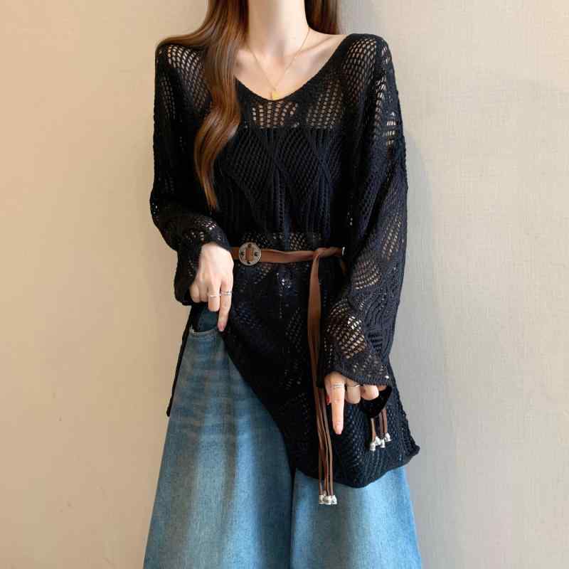 ニットトップス レディース ブラック レース 透け 春夏 中長丈 ゆったり フィット レイヤード 重ね着 アウター カバーアップ ウエストシェイプ 伸縮性 軽量 普段使い