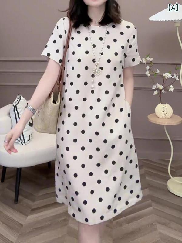 レディース 春夏 ゆったり か細い伝達ルート 心地好い 労働者の一団素っ首 半袖 ポルカ点点 衣装 窈窕たる 今めかしい 御召しもの 膝丈 綿織物混 軽さ 通い 普段使い