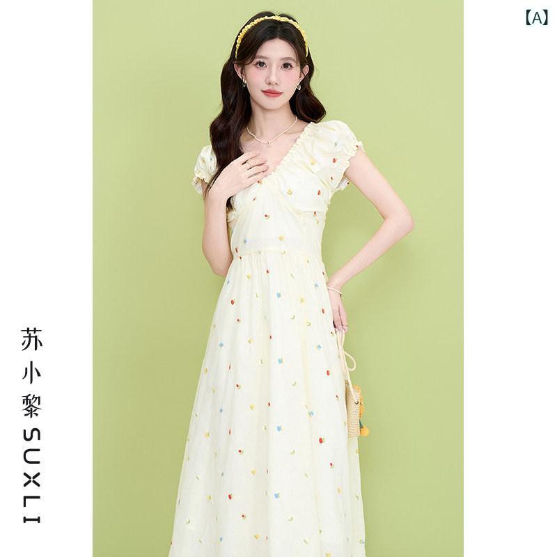 ワンピース レディース フレンチスタイル かわいい フェミニン カラードット柄 Vネック パフスリーブ 収腰 夏用 軽やか コットン混 膝丈 花柄風