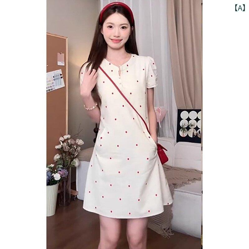 ワンピース レディース 夏 ドット柄 半袖 ウエストイン ショート丈 ユニーク 上品 コーディネートしやすい 軽やか かわいい シルエット