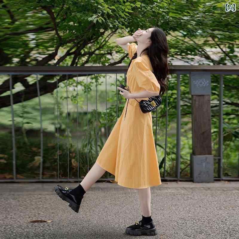 ワンピース レディース 夏用 フレンチスタイル イエロー Vネック パフスリーブ ウエストシェイプ Aライン ロングドレス スリムライン 若返り ゆったりシルエット ビビッドカラー