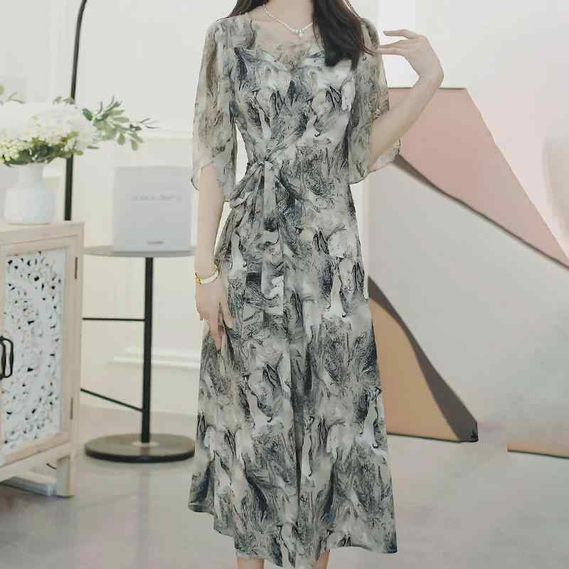 ワンピース レディース 夏用 花柄 シフォン 素材 高級感 軽量 通気性 フレア シルエット プリント 女性用 ドレス トップス