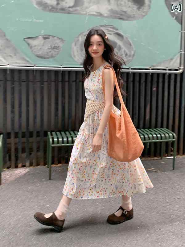 衣装 レディース 夏用 ノースリーブ 花柄 溜まり場風 フレンチ表現スタイル midi丈 小っちゃい向け 愛くるしげ ゆったり影ぼうし 軽さ原料品 太陽フレアスコート ドレス-レディースファッション