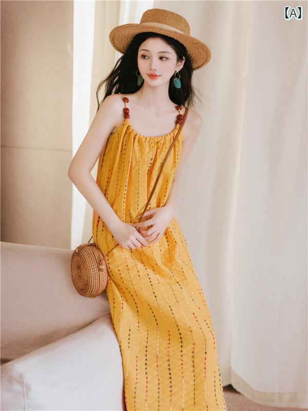 ワンピース レディース ボヘミアン 夏 リゾート風 吊り帯 ドレス かわいい ビーチ 軽やか スタイル