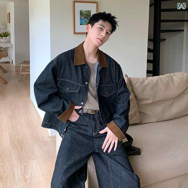 メンズ ジャケット デニム ブラック レトロ ビンテージ ワーク アウター スタンドカラー カジュアル 普段使い 男性用 トップス 切り替え ｜リバーパディ