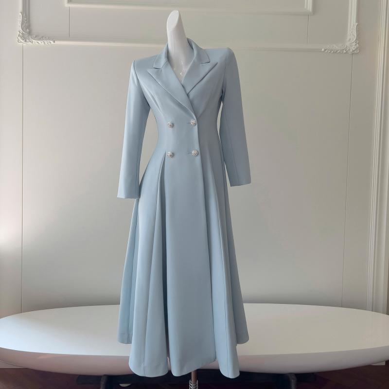 ロングドレス 女性用 秋冬 ライトブルー 気品 ロング丈 スーツ風 フォーマル 日常使い コットン混 伸縮性 通勤 デート 膝下丈 ラウンドネック フレアシルエット 軽量