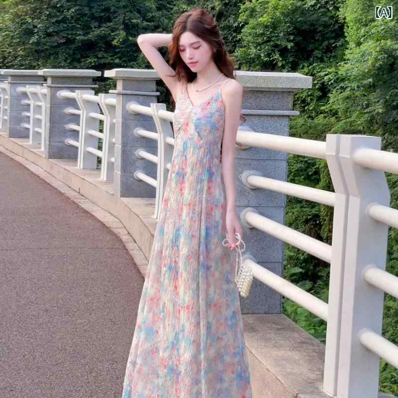 ワンピース レディース ピンク 小花柄 ストラップ ノースリーブ 夏 リゾート ロング丈 フレンチスタイル ビーチ かわいい 気品 軽やか 女性用 ドレス 花柄 吊り紐 ロングスカート 通勤 普段使い