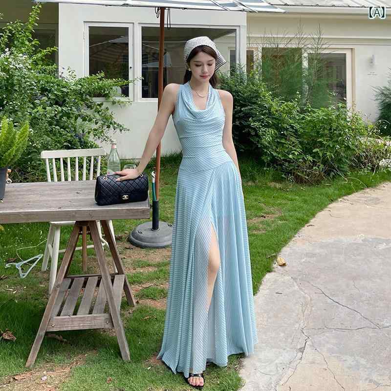 レディース ワンピース リゾート風 ブルー シフォン ロングドレス 夏用 2way フードネック 軽量 通気性 涼しい ビーチ バケーション スタイル