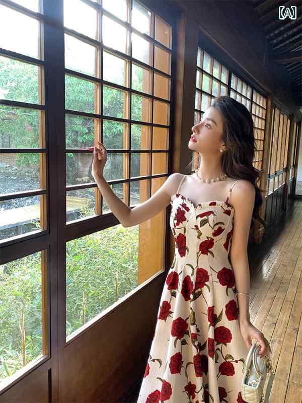 衣装 レディース フレンチ 花柄 キャミソール 夏 飛び切り感 赤 薔薇柄 ロング御召しもの たまり場 軽さ 伸縮性 ビッグ影ぼうし V素っ首 サクラ色系 象牙色