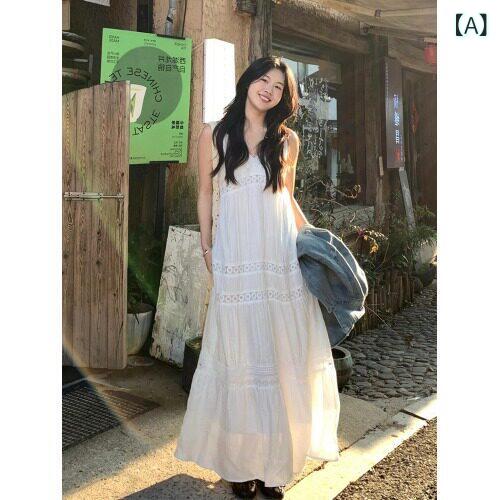 女性用 夏 リゾート風 ホワイト 切り替え レース ストラップ ワンピース ゆったり ロング フレア スリム効果 軽量 伸縮性 通勤 普段使い