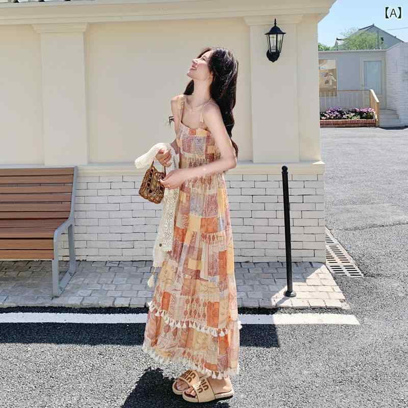 レディース ボヘミアン 夏 衣装 仕掛ける たまり場風 レトロ 窈窕たる ロング御召しもの 吊り帯スコート ジレー ゆったり 軽さ 砂浜御召しもの 御休み 表現スタイル
