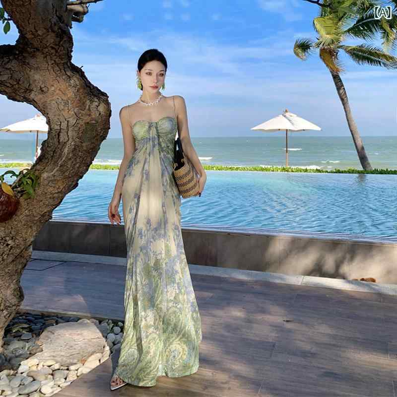 レディース 夏用 ストラップ ロングワンピース グリーン 花柄 プリント ビーチ リゾート ドレス 海辺 度假 スカート