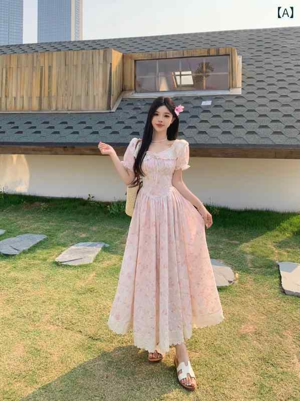 ワンピース レディース 花柄 パフスリーブ フレアスカート 夏用 かわいい 小柄向け 大きめ サイズ スイート フェミニン スタイル 軽やか シルエット 日常使い コットン混 素材 ソフト タッチ