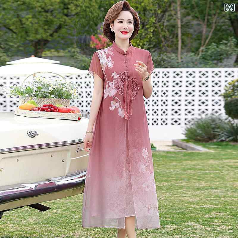 ワンピース レディース シフォン 夏用 ゆったり 高級感 お腹カバー フェイクツーピース ミセス ミドルエイジ 軽量 涼しい 膝丈 普段使い シンプル スタイリッシュ