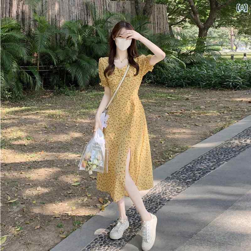 ワンピース レディース 夏 フレンチスタイル 小花柄 シフォン ロング 収腰 スリット スリム フェミニン ガーリー 軽量 伸縮性 通勤 普段使い