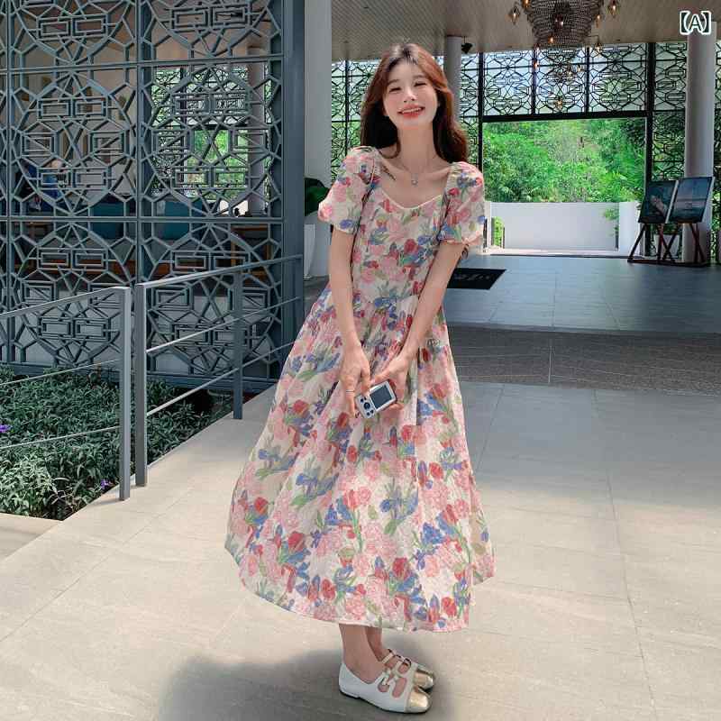 ワンピース 女性用 かわいい フラワー柄 ロング丈 夏用 パフスリーブ Aライン スリム 小柄対応 フェミニン 軽やか 日常使い 5,991円