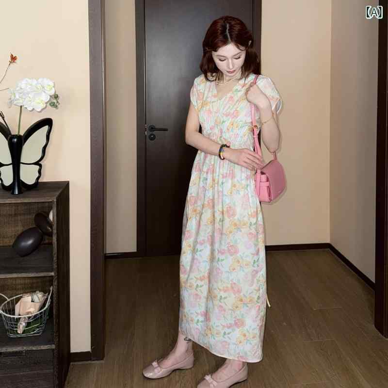 レディース 衣装 綿100% 花柄 ロング 夏用 愛くるしげ 生々しい色合い 口さかしい 通気性 太陽フレア影ぼうし 女子らしい ガーリー MIDI丈 刷り上げる柄 口さかしい 座標し分かりやすい