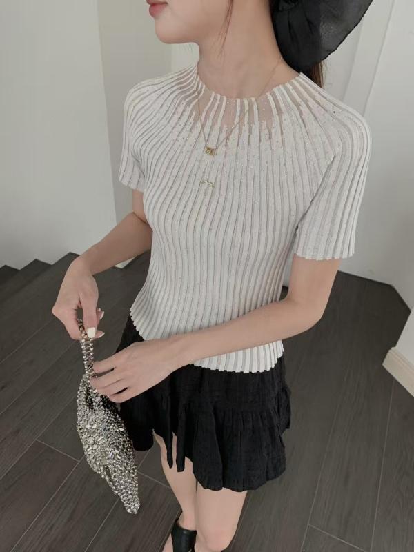 Tシャツ トップス 女性用 短袖 針織 軽熟 微透 網? 切り替え 弾力 軽量 伸縮性 再生繊維 ブラウス インナー カジュアル デイリー 春夏 ピンク系 ブラック アイボリー