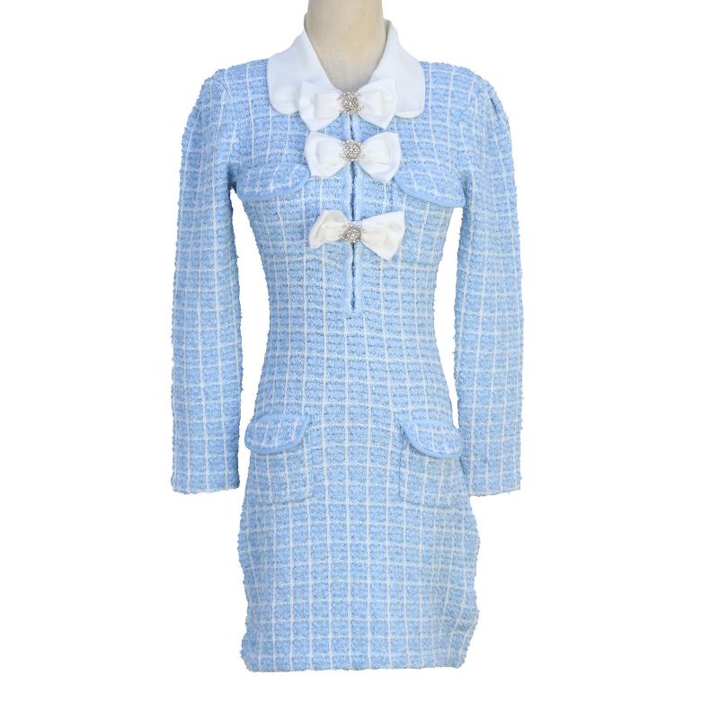 ワンピース レディース 春夏 長袖 ブルー ブルーカラー フラップカラ 蝶結び リボン ラメ シフォン ジャケット風 ミディ丈 膝丈 女性用 千金 ミセスクロス クラシック スタイル エレガント シフォン素材 軽量 柔らかい 生地 細身 シルエ