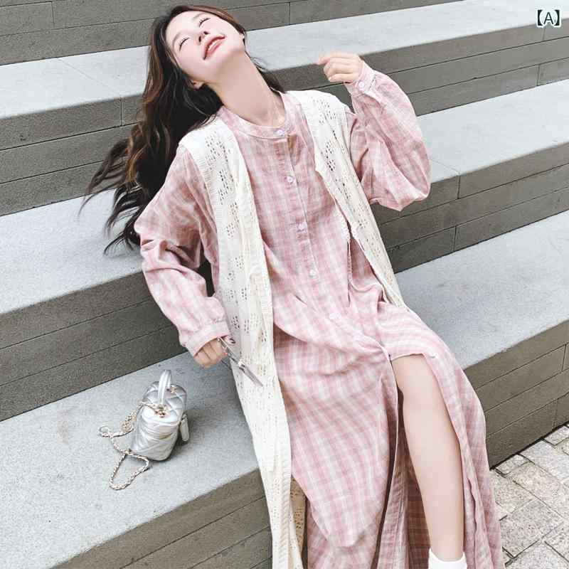 ワンピース セット レディース フレンチスタイル 復古 ピンク チェック柄 シャツ ワンピース ニット カーディガン 春夏 重ね着 柔らか素材 軽量 伸縮性 フェミニン ロング丈 膝丈 トップス ボトムス 組み合わせ 普段使い 通勤用