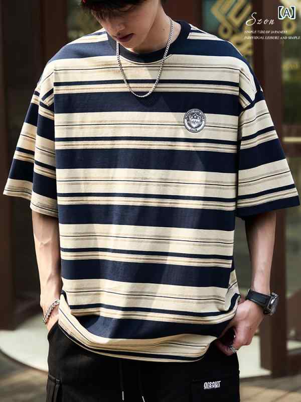 半袖プルオーバー メンズ 夏 レトロ 縞模様 海魂プルオーバー 対比色合い アメリカン表現スタイル 填まる ありの実 ヘビーウェイト ゆったり 心地よい トップス 普段使い走り 綿織物風 軽さ