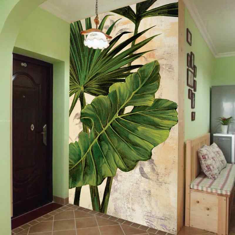 壁紙 手描き 南国 ヤシの木 緑 植物 柄 背景壁 玄関 ダイニング 寝室 通路 廊下 トロピカル モチーフ インテリア 装飾 壁面