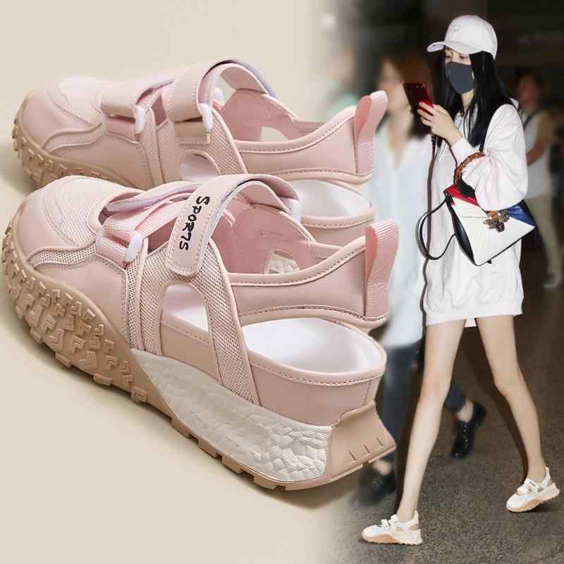 レディース 夏用 厚底サンダル 透気性 穴あき 魔術テープ つま先カバー 軽量 快適 フィット