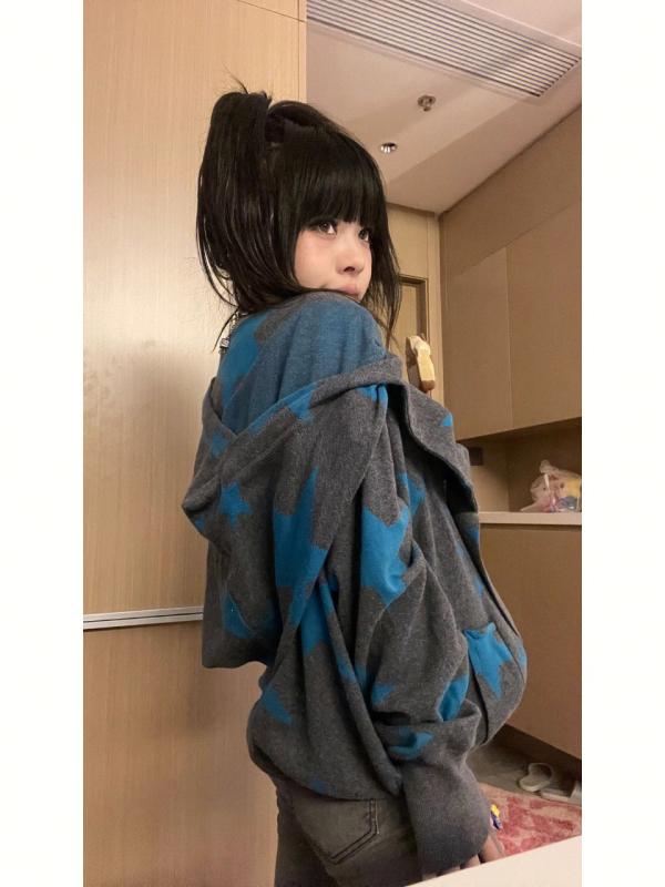 パーカー ユニ一発やる ゆったり ボンネット付き添い人 星柄 ファスナー レトロ 汗水  表どおり 心地よい トップス 古着風 日系 流行り物
