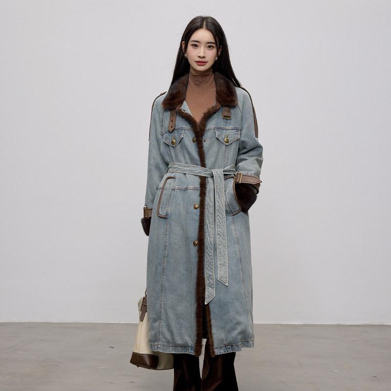 厚地の外套 レディース ジーンズ ロング丈 アノラック 毛革 襟 グースダウン 内胆 情の籠もった 軽さ 保温性 秋冬 心地よい 表現スタイル