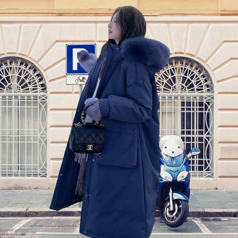 コート レディース 冬用 ロング丈 膝下 大毛襟 フェイクファー パーカー風 中綿 ダウン 厚手 暖か コットン 混 素材 軽量 伸縮性｜リバーパディ