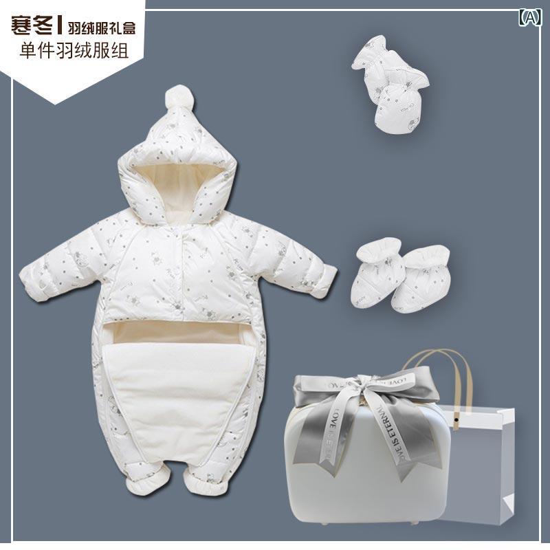 ベビー 連体服 冬用 軽量 白鴨ダウン ジャケット 保温 薄手 赤ちゃん用 コート 新生児対応 柔らかい素材 暖か 軽い フード付き