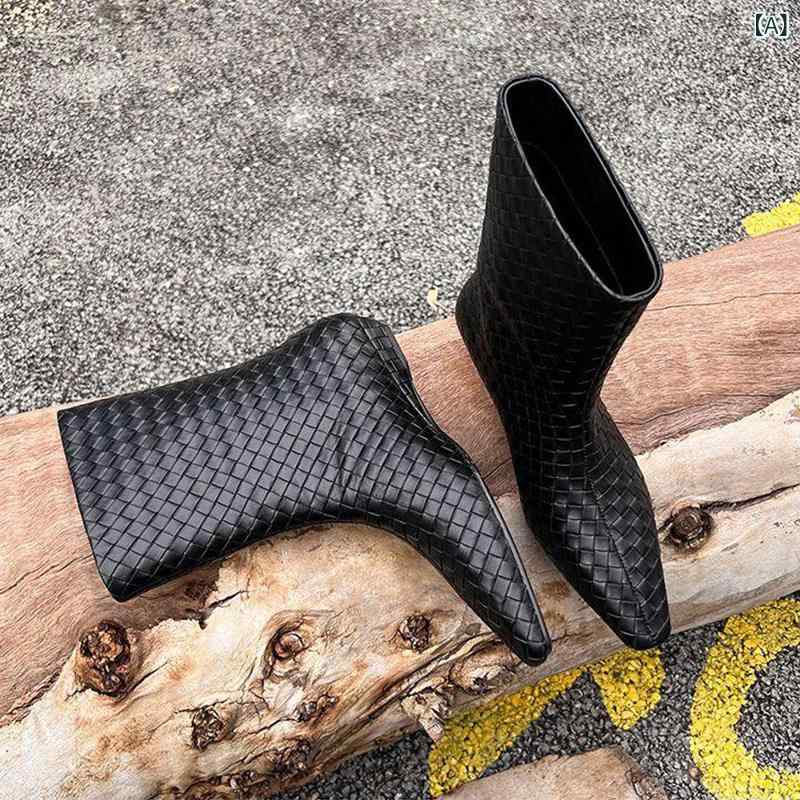 ショートブーツ 女性用 秋冬 牛革 編み込み ゆったり 筒型 ウェッジヒール ストレート 中筒 スクエアトゥ ファッション 普段使い カジュアル 軽量 柔軟 ブラック ブラウン 暖かみ｜リバーパディ