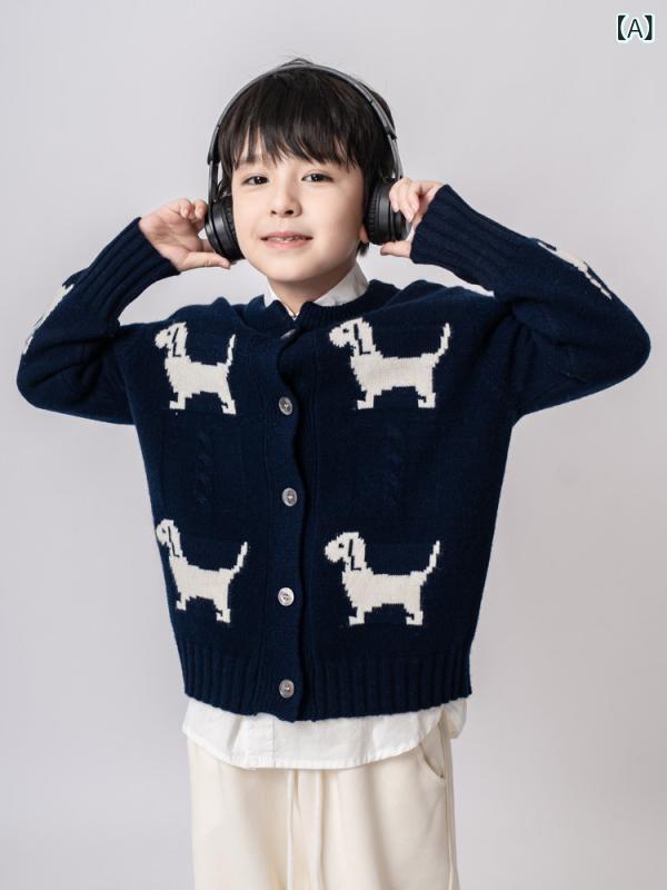 ジレー キッズ 御坊っちゃん 100%羊毛 秋冬 犬柄 可愛らしい 編み物スウェーター 生あたたかい パステル色の 名取り草付き添い人 長袖